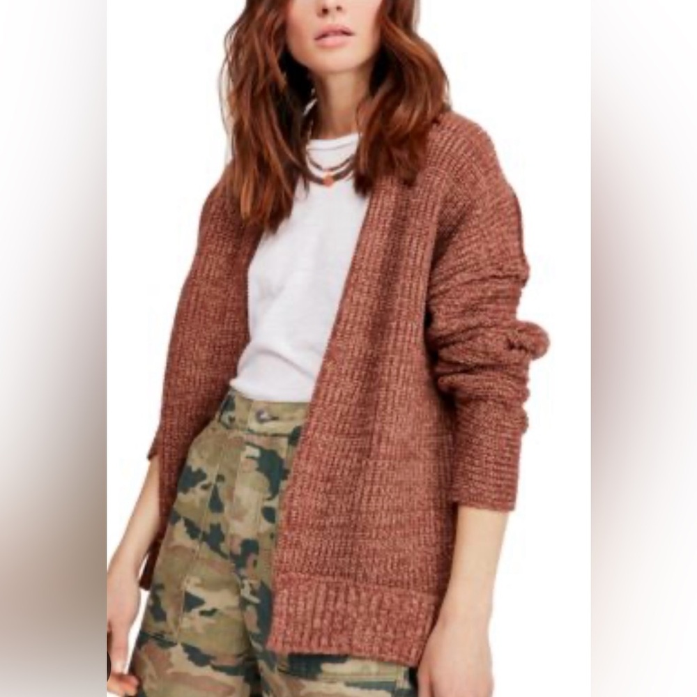 Free People Rust Brown Open-Front Chunky Knit Cardigan